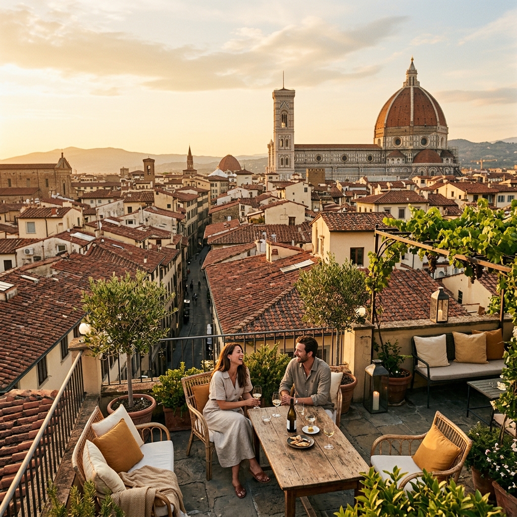 Warm European rooftop at golden hour — the kind of trip Travelfirst helps you plan